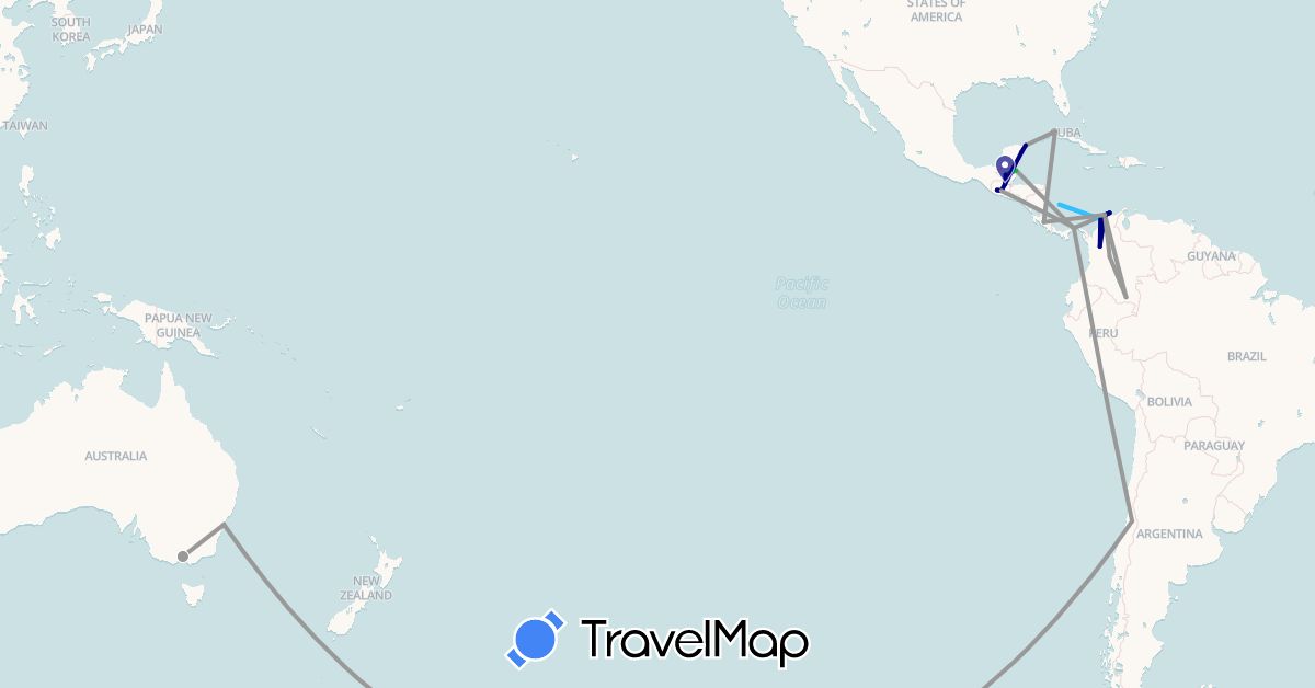 TravelMap itinerary: driving, bus, plane, boat in Australia, Belize, Chile, Colombia, Costa Rica, Cuba, Guatemala, Mexico, Panama (North America, Oceania, South America)